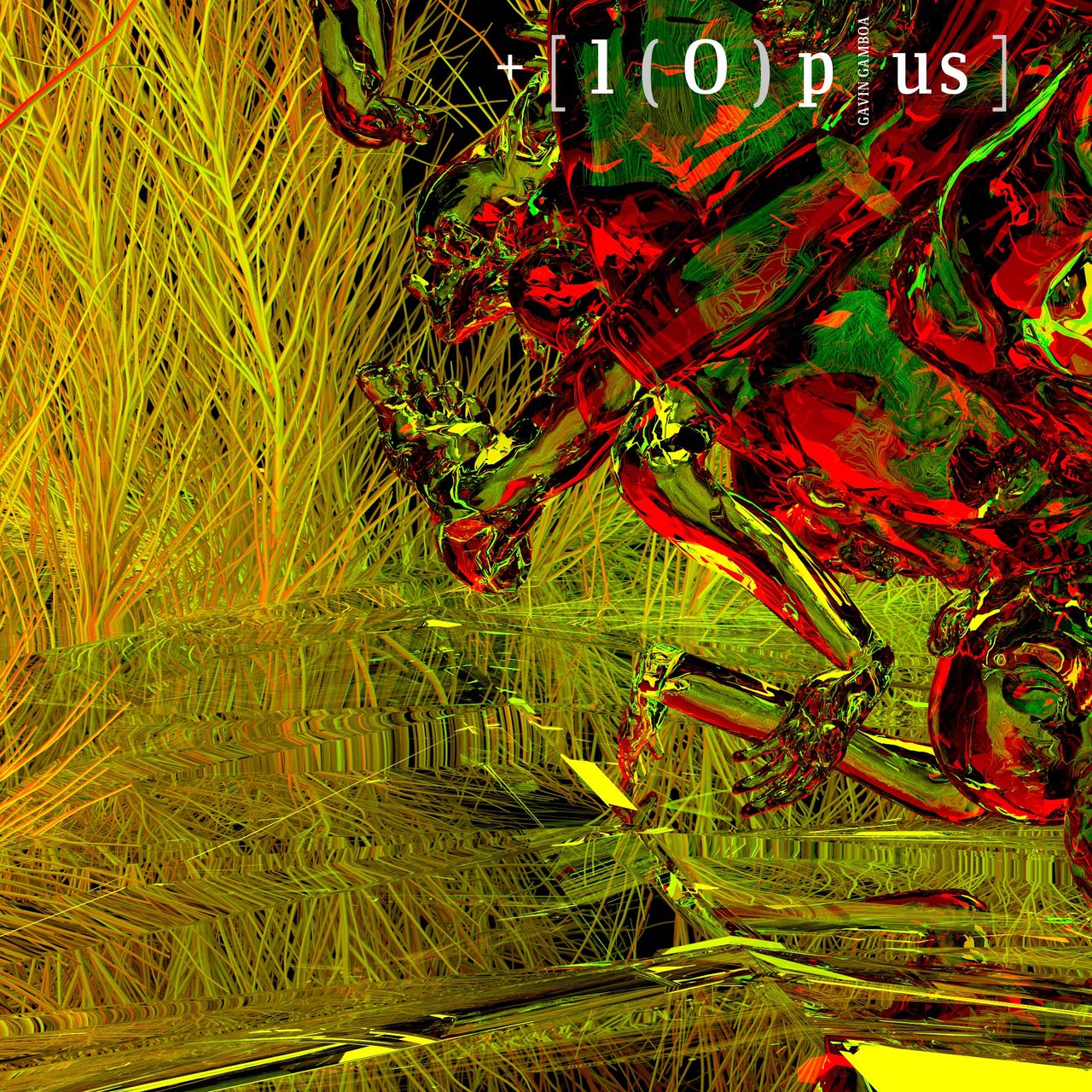 A 3D graphical rendering of yellow coral-like forms and a cluster of refracted red light on transparent human limbs in a jumble in the upper right.