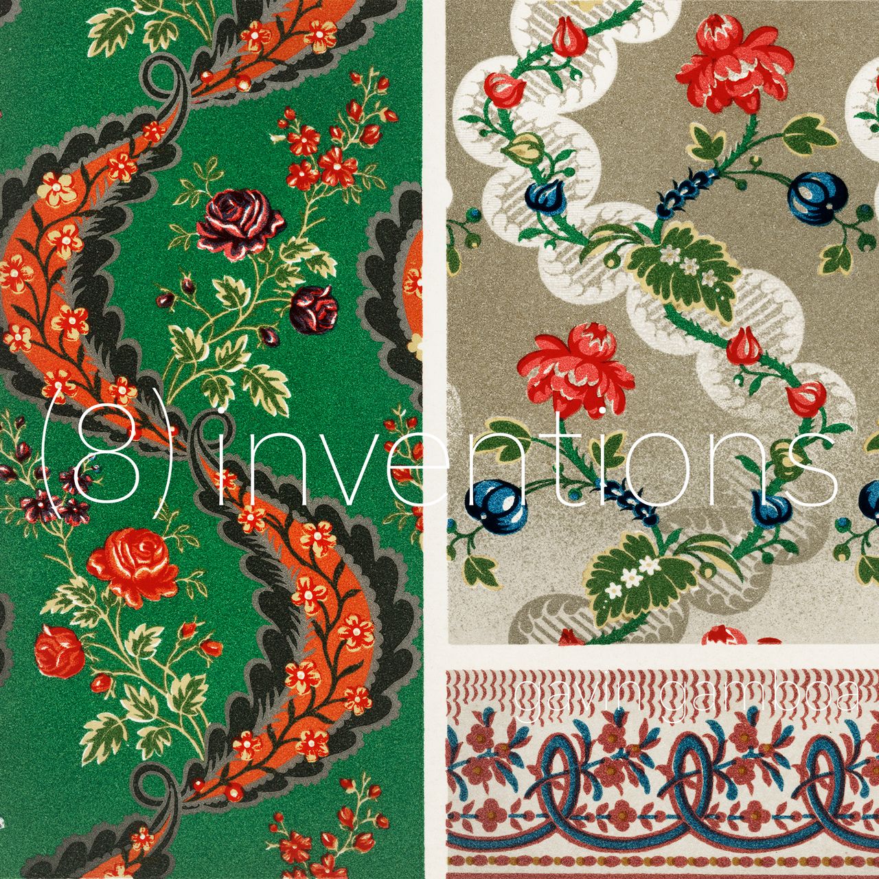 The image is a collage of three different vintage wallpaper patterns, each featuring floral designs in vibrant colors.