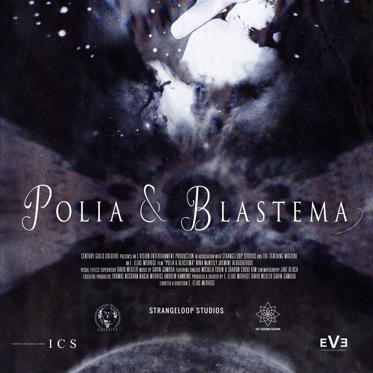 Film poster for Polia & Blastema, depicting two cosmic beings in an embrace, floating above the sun justified along the bottom margine with the firmament in the background and the film's title center-justified.