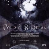 Film poster for Polia & Blastema, depicting two cosmic beings in an embrace, floating above the sun justified along the bottom margine with the firmament in the background and the film's title center-justified.