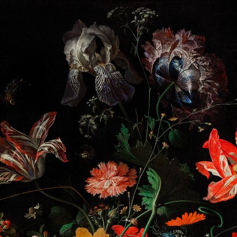 A detail from the still life painting The Overturned Boquet by Abraham Mignon (1679) displaying a floral arrangement.