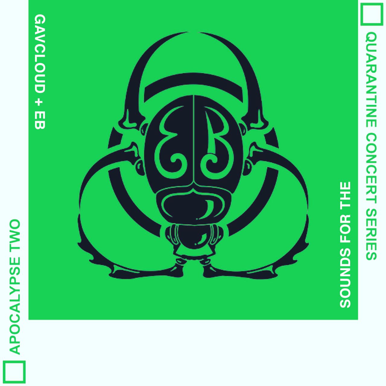 An illustration of the Erykah Badu scarab against a green backround with artist and album titles rotated 90º on both the left and right margins.