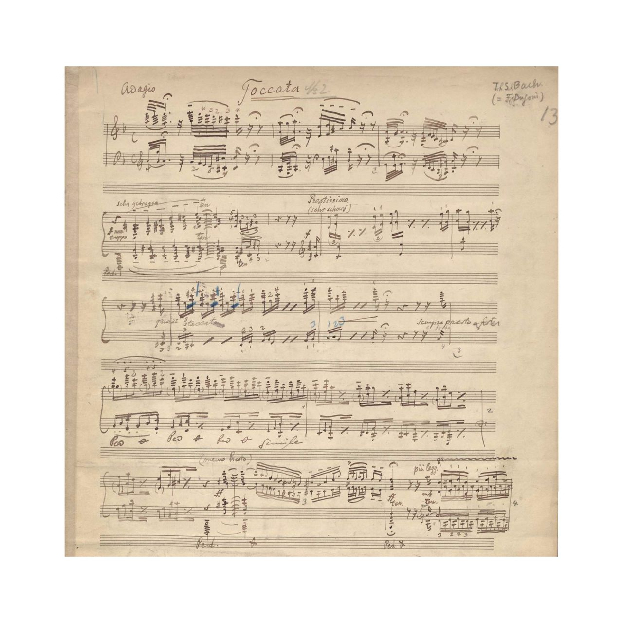 Facsimile of the opening bars of music notation from Ferruccio Busoni's original manuscript of his transcription of J.S. Bach's Toccata & Fugue in D minor BWV 565.