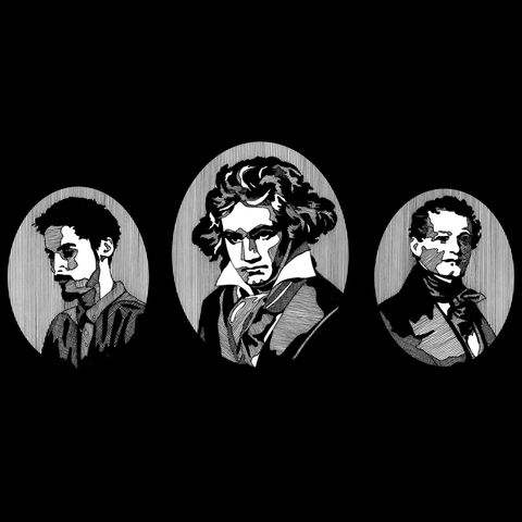 An illustration with three circle busts: from left to right, Gavin Gamboa, Ludwig van Beethoven, and Anton Diabelli, against a black background.