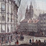 A collage of a painting of an 18th century Vienna urban setting and a line drawing.