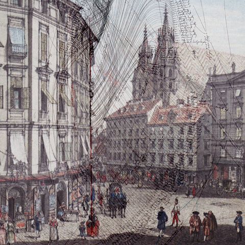 A collage of a painting of an 18th century Vienna urban setting and a line drawing.