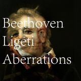 A collage of the faces of Ludwig van Beethoven and György Ligeti overlayed on top of each other.