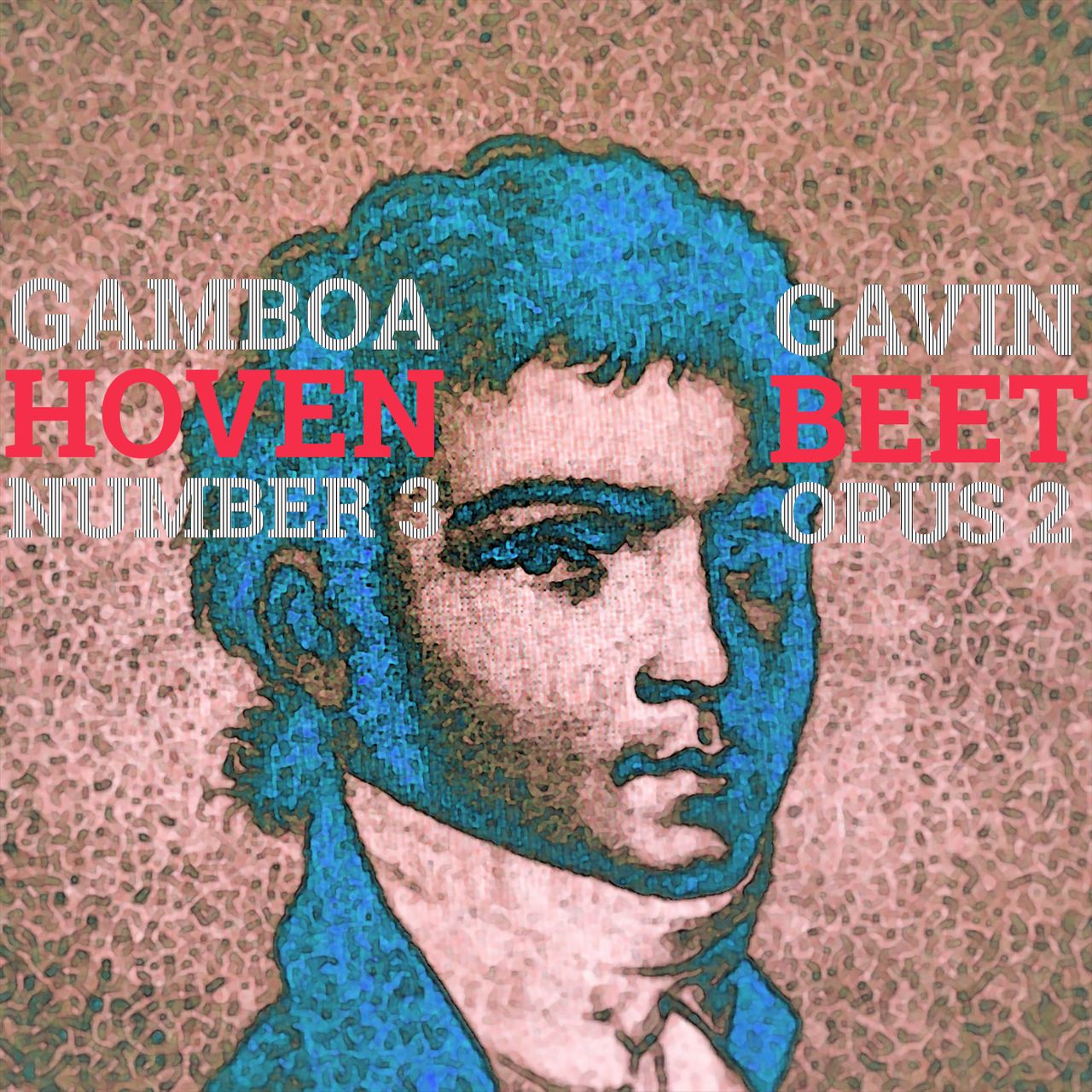 A portrait of young Ludwig van Beethoven with short hair colored red and blue in the style of pop art.