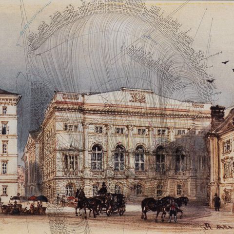 A painting of an 18th century street scene in Vienna.