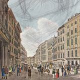 A painting of an 18th century street scene in Vienna.