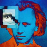 A photograph of young Johannes Brahms with an extrusion over his left eye that shows successive layers moving forward, in the style colorful style of pop art.