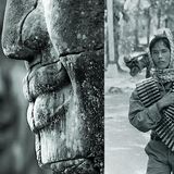 A photograph of a Cambodian soldier during the 1960s with weaponry and ammunition clearly visible.