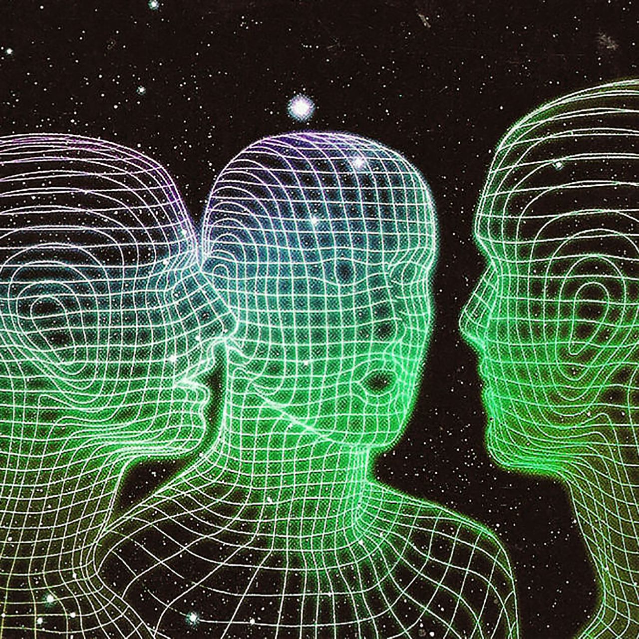 A graphic representation of three human heads in 1980s style green wireframe mesh, with the stars in the background.