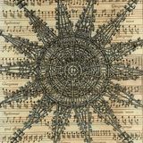 An engraving showing a circular wheel covered in rich ornaments set on top of a background of musical notation.