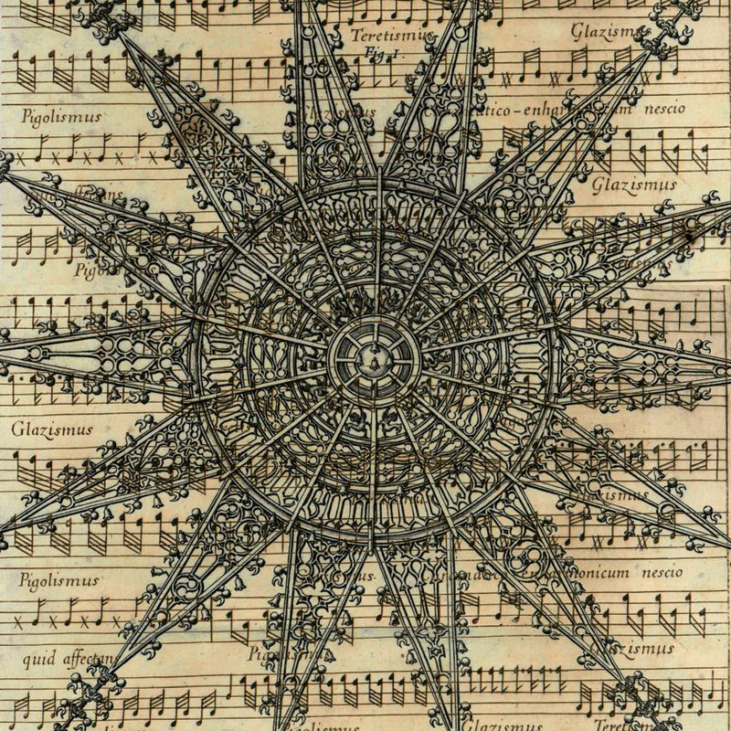 An engraving showing a circular wheel covered in rich ornaments set on top of a background of musical notation.