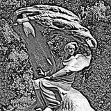 A monochromatic photograph of a statue of Chopin with a find edges filter applied to it.