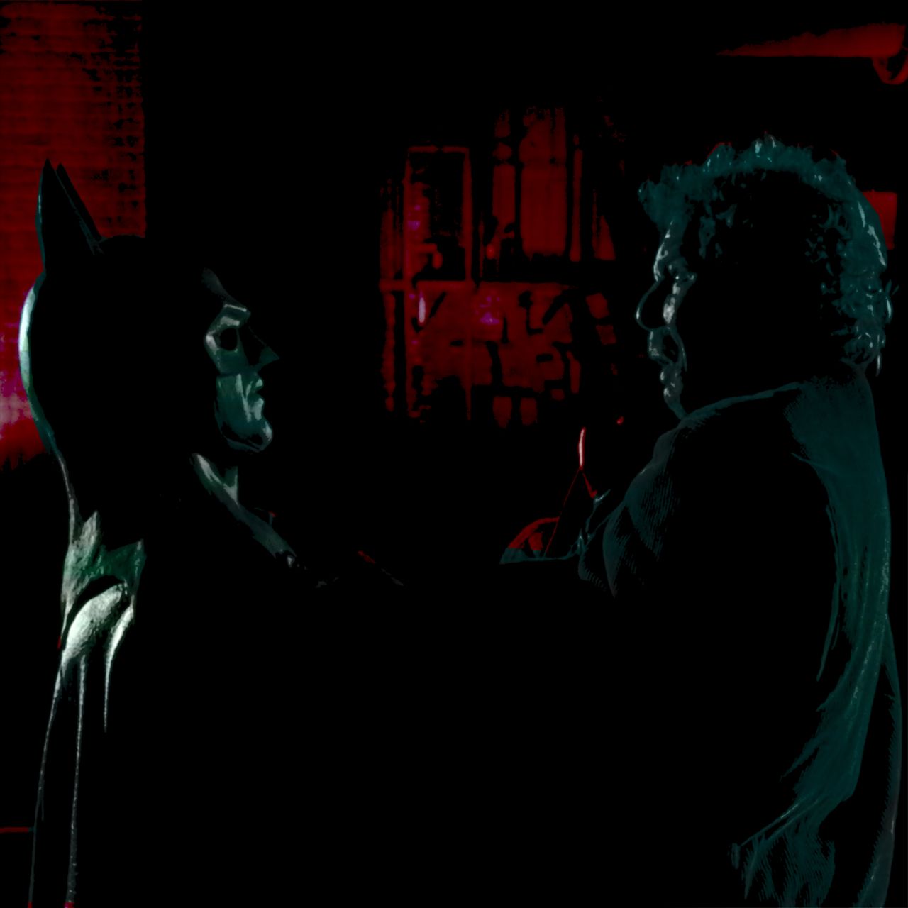 A film still from Batman (1989) where Batman is holding a petty criminal on the rooftop in the opening scene, both of them in profile.