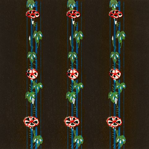 An illustration of ornamental organic patterns by Furuya Korin, (1904) … dark background with elements of blue, green and red.