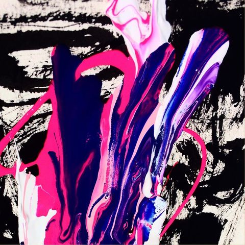 A painting by Keren Oo, with drippy, mesmeric colors and forms, with a highlight of pink and purple against black and white in the background.