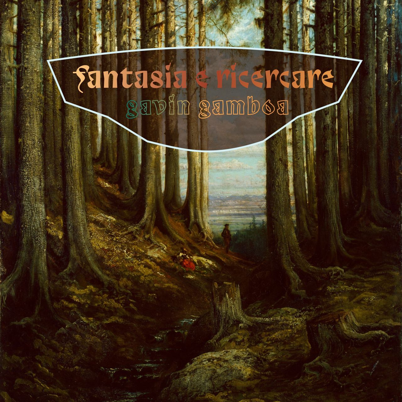 A pastoral painting depicting the interior of a wooded area with tall trees beyond which lies an open expanse, with a lone human figure shown at the edge of the forest.