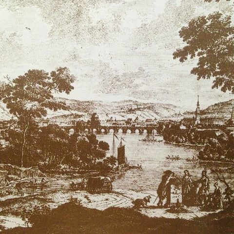 An engraving of a pastoral scene by a river, with a bridge and a city visible in the background.