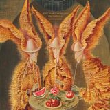 A painting by Remedios Varo titles Vampiros vegetarianos. The painting is a surrealist depiction of a group of vampires in a forest. The vampires are not attacking humans, but rather are feeding on fruit. The painting is in a dark, muted color palette with a lot of detail. The painting is signed in the bottom right corner with the artist's name and the year 1962.