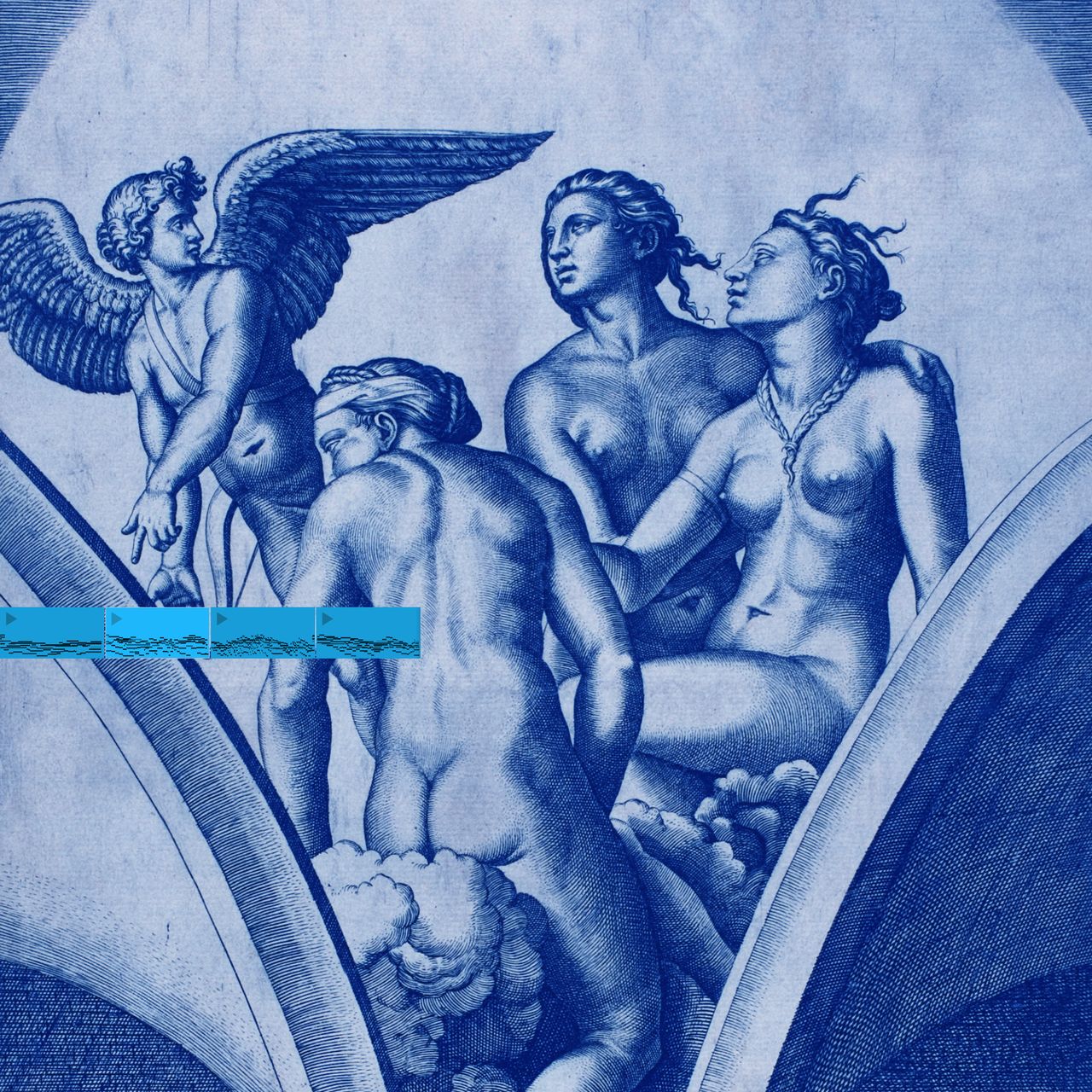 The image is a blue-toned illustration reminiscent of classical Renaissance art. It features three nude figures and an angelic figure with wings. The figures are depicted with detailed musculature and flowing hair, suggesting a sense of movement and interaction.