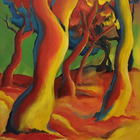 A painting by Beth Hagenbuch of a forest landscape with psychedelic colors of red, orange, yellow, and green.