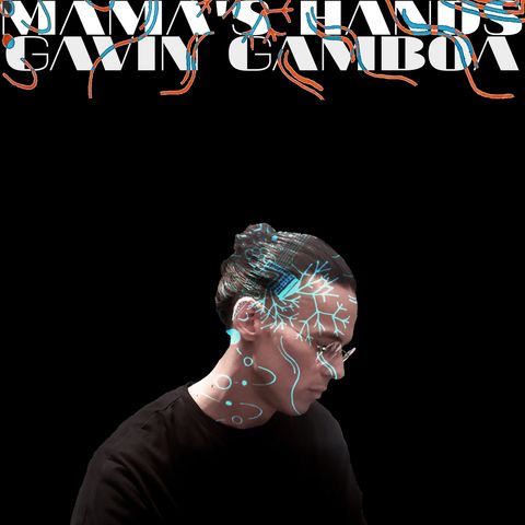 A portrait of the artist in profile against a black background while looking slightly downwards with added linework in a neon blue color added across the face and neck.