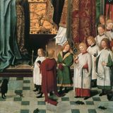 A detail from a painting depicting a medieval choir inside of a church.