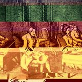 An glitchy, and colorful digital manipulation of an 18th century engraving of a piano lesson with an instructor and two seated players at a keyboard instrument.