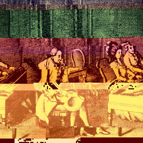 An glitchy, and colorful digital manipulation of an 18th century engraving of a piano lesson with an instructor and two seated players at a keyboard instrument.