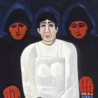 A painting showing three figures, with two red-faced persons flanking a person wearing a white overall garment in the middle, each of them appearing anxious and morose in expression.