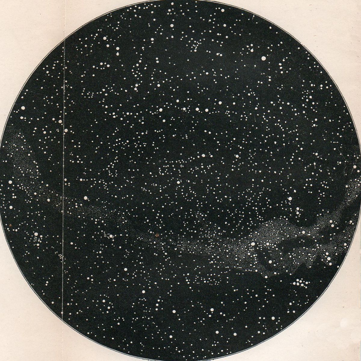 An engraving of the starry firmament, encapsulated in a circle that stretches to the image's margins, and set against a beige background.