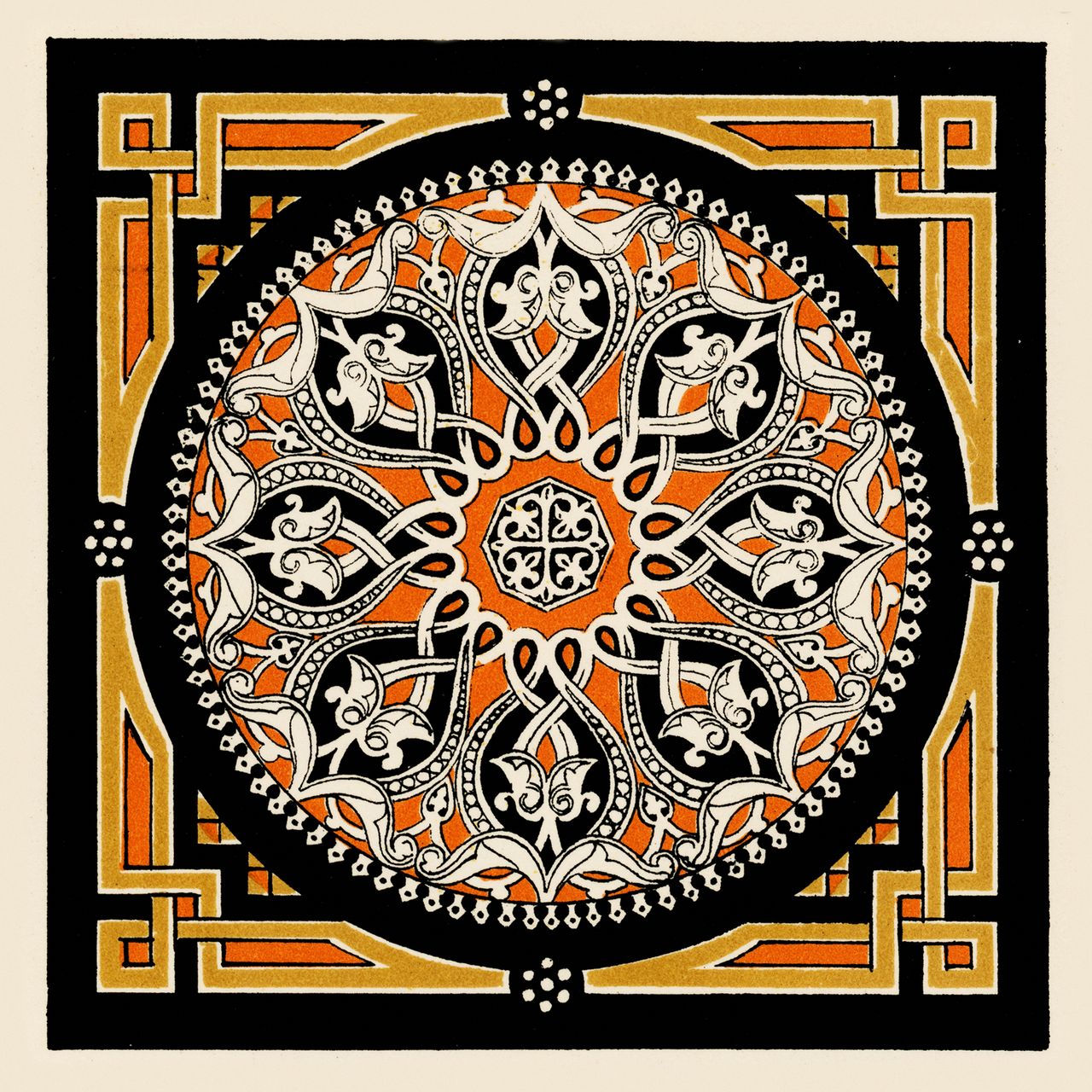 An ornamental print from the 19th century, with mandala-like shape and complexity.