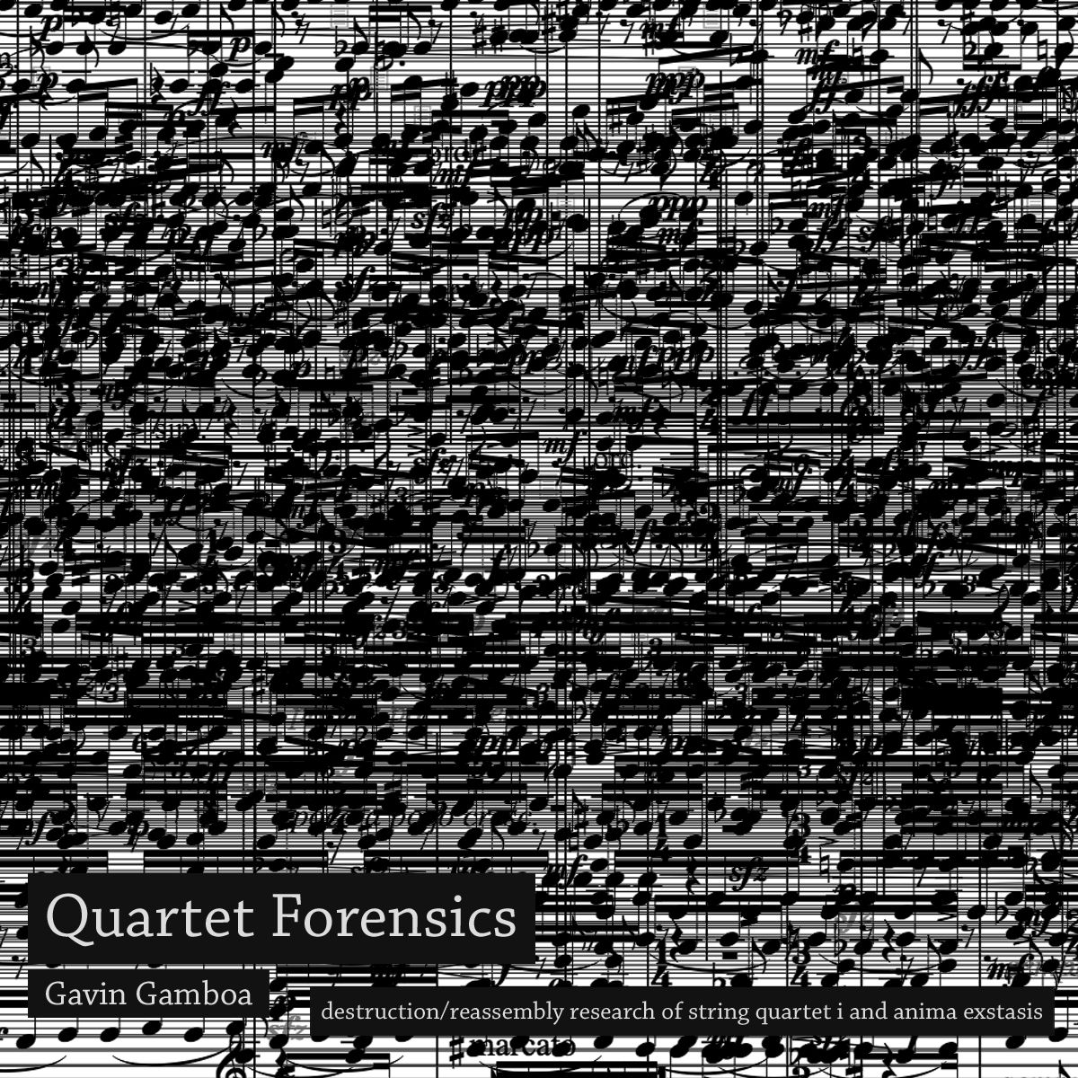 An image that shows a densely layered collapse of multiple staves of music notation.