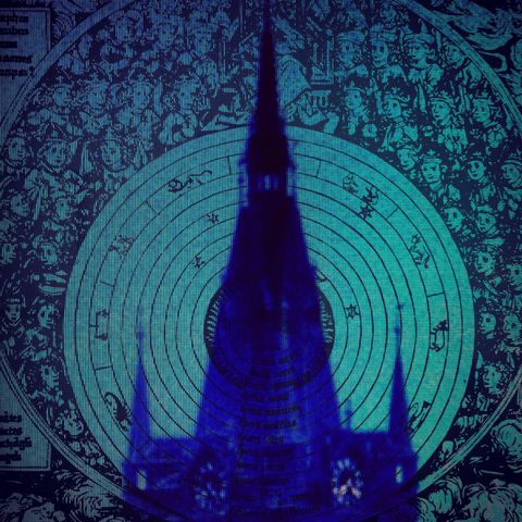 A dark blue collage showing the steeple of a gothic Czech church and an engraving of a musical wheel in the background.