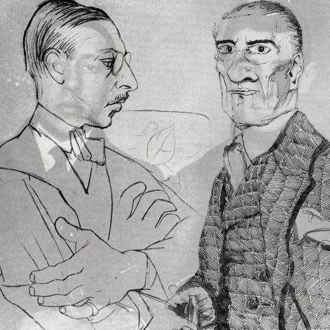 A collage of Picasso's sketch of Igor Stravinsky and a drawing of of Maurice Ravel, set against a photograph of the two composers faintly in the background.