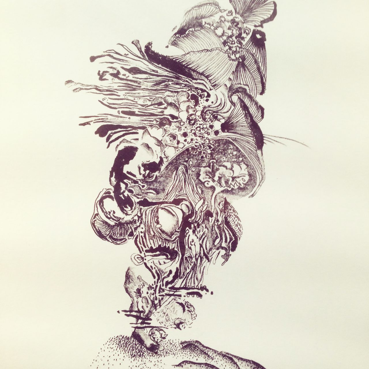 A lithograph by Silvia Barbotto, showing a vaguely coral reef-like structure of organic growth and form.