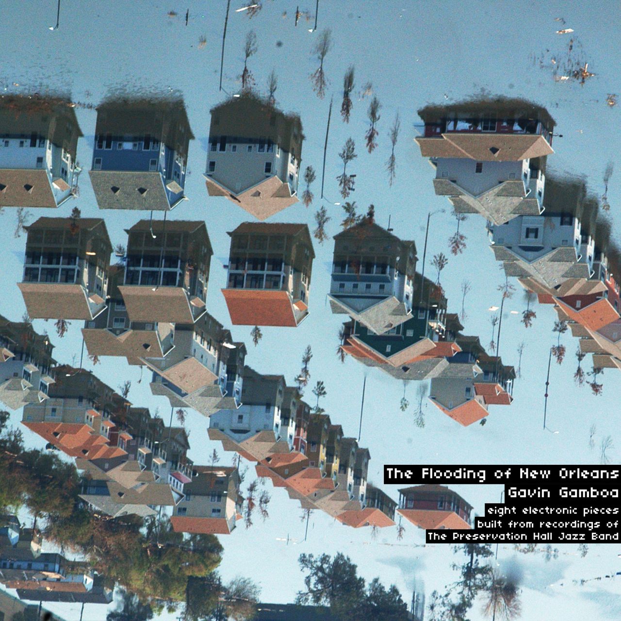 A photograph of a flooded street in New Orleans, Louisiana, flipped upside down.