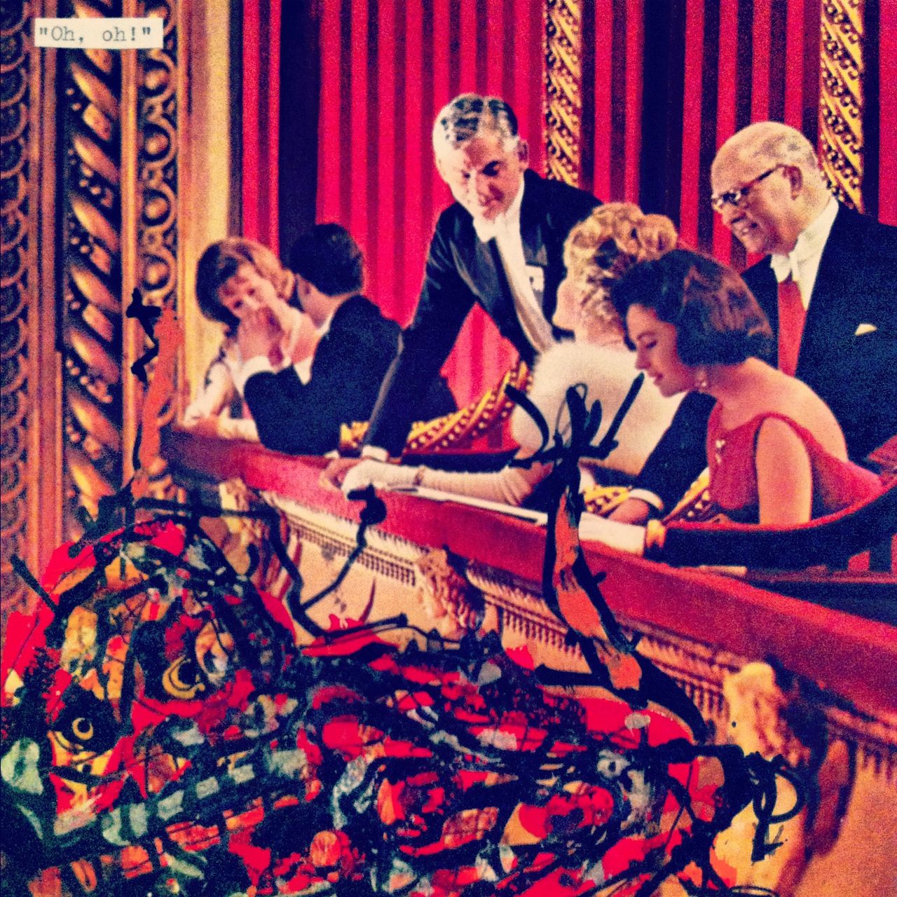 The image depicts a vintage scene of elegantly dressed people in a theater balcony. They appear to be watching a performance, with expressions of interest and engagement. The background includes ornate golden decorations and red curtains, giving a luxurious and classic atmosphere. Overlaid on this scene is an abstract, colorful drawing that resembles a chaotic, tangled mass with eyes, adding a surreal and contrasting element to the otherwise refined setting.