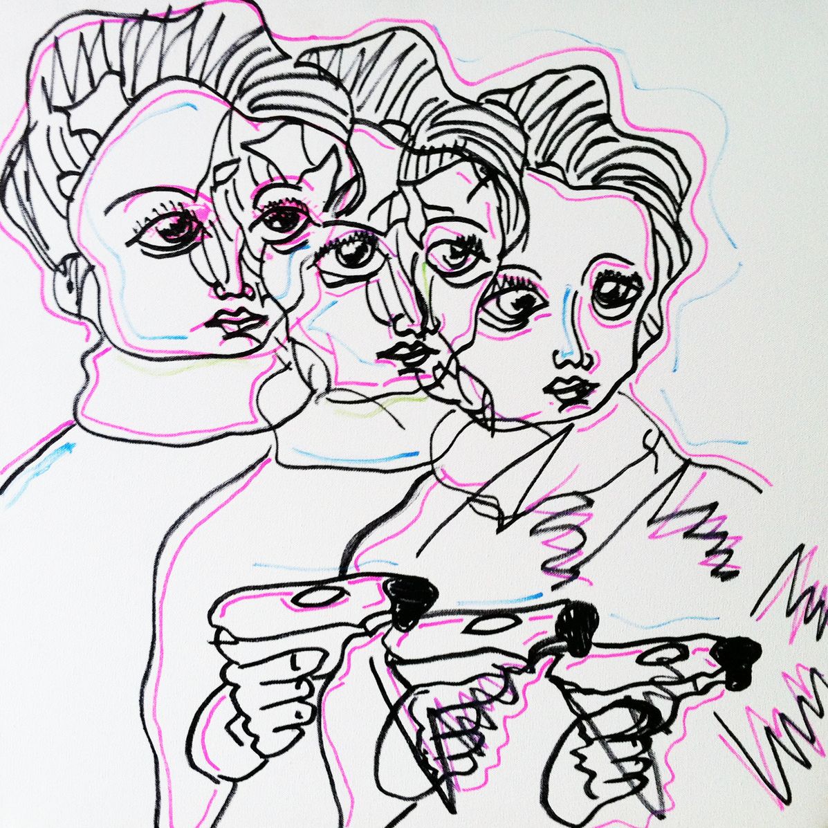 The image is an abstract line drawing featuring three overlapping figures. The figures have expressive faces with large eyes and hold objects resembling guns. The drawing style is loose and dynamic, using black lines for the primary shapes with accents of pink, blue, and yellow lines adding depth and complexity.