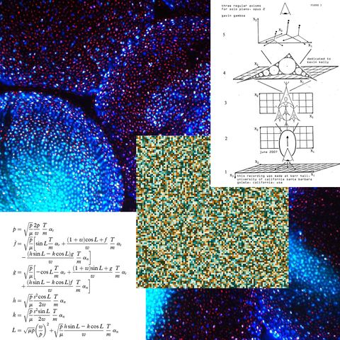 The image is a collage combining various scientific and abstract elements: microscopic images showing clusters of cells illuminated in blue and red hues, likely captured through fluorescence microscopy; mathematical equations and formulas related to physics or engineering, written in a clear, academic style.