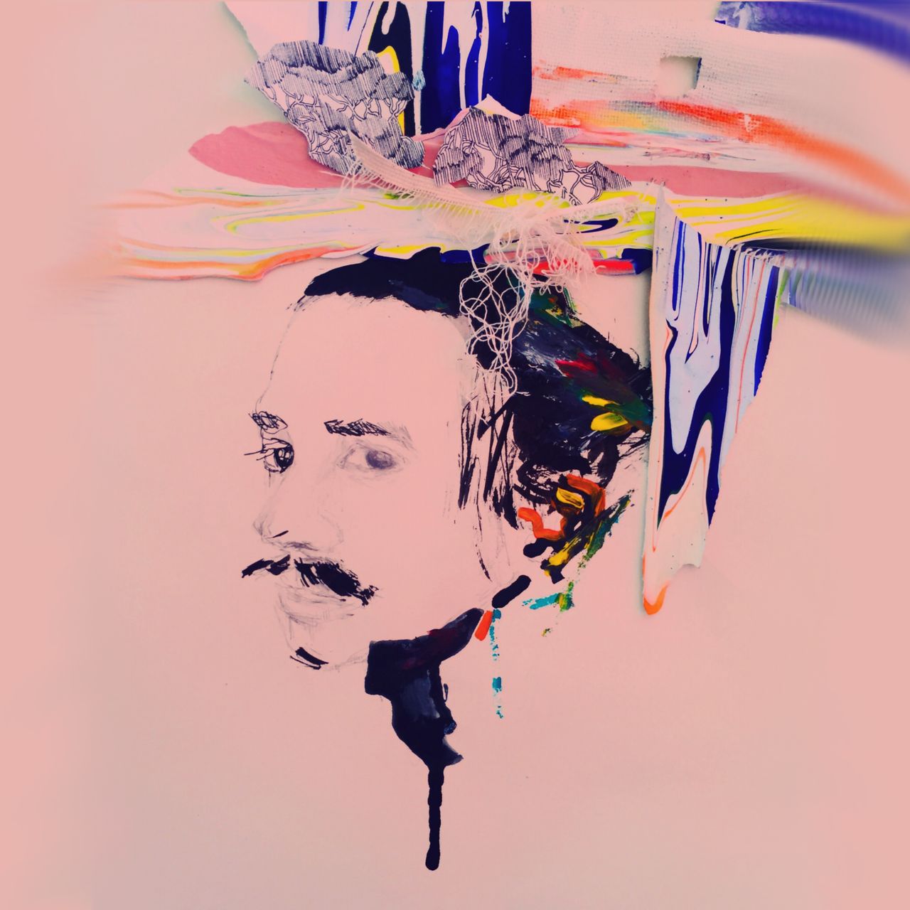 The image is a surreal portrait of a man with a mustache and intense eyes, rendered in a minimalist, sketch-like style. The upper part of the portrait is surrounded by an explosion of abstract, colorful paint streaks and textures, including elements resembling crumpled paper and net-like patterns.