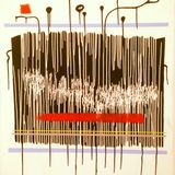 The image is an abstract artwork featuring vertical black lines that resemble drips or streaks, with a dense area of white lines interwoven within the black. Below this, a bold horizontal red stripe adds a striking contrast.