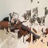 The image features a violin attached to a complex mechanical apparatus, suggesting a blend of traditional musical instruments with modern technology. The photograph is artistically altered with fragmented, angular cuts that distort and multiply parts of the violin and machinery, creating a visually dynamic and somewhat abstract representation.