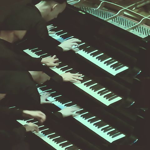 The image captures a musician playing a piano, seen from above. The photograph is edited to create a layered effect, showing multiple instances of the pianist's hands on the keys.