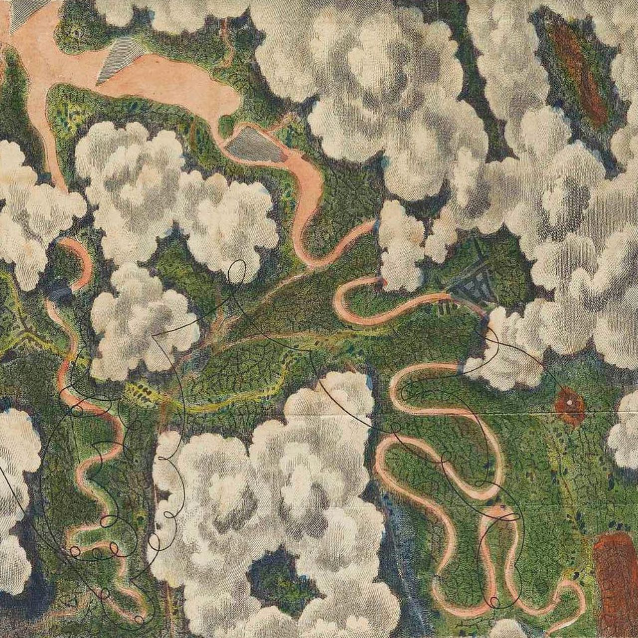 The image is an aerial view of a landscape featuring winding rivers, lush greenery, and large, billowing clouds.