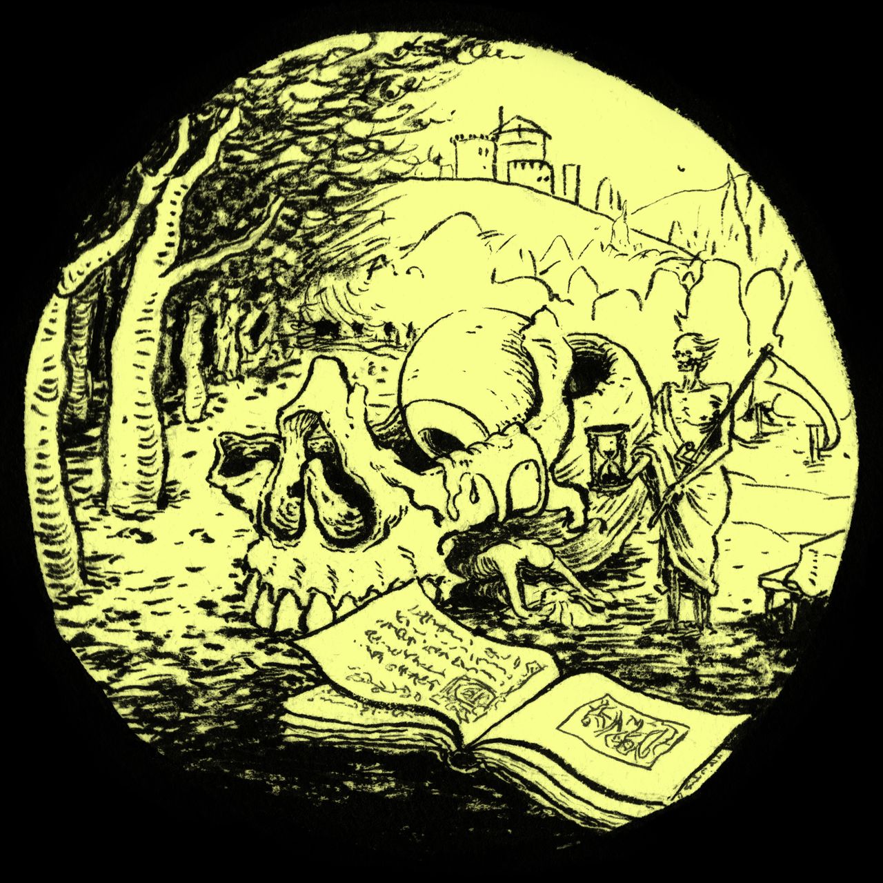 The image is a monochromatic illustration with a yellow tint, depicting a scene that combines elements of the macabre and the scholarly. In the foreground, there is a large skull and an open book with visible text.